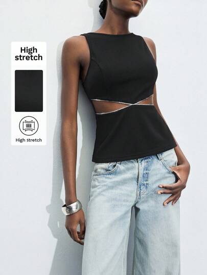 Maija Women's Sleeveless Solid Color Crew Neck Top With Cutout Waist And Silver Decor, Elegant, Fashionable, Sexy, Suitable For Urban, Music Festival, Daily Outing, Saint Patrick's Day, Spring Break, Easter, Festival, Vintage Style Airport For Women Date Night Women Rave Outfits Festival Halloween Halloween Clothes Christmas Clothes Going Out Tops Women Going Out Tops Going Out Outfits Going Out Tops For Going Out Halloween Clothes Women