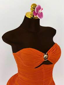 Amplova Plus Size Shell Metal Decor Breast Ruched Bodysuit Romper - Orange - View 6