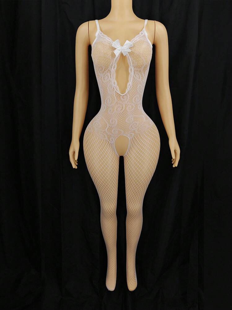 SHEIN Women Sexy Lingerie Bodysuit Hollow Bowknot UV Light Reactive Luminous Nightclub Outfit For Going Out - White - View 6