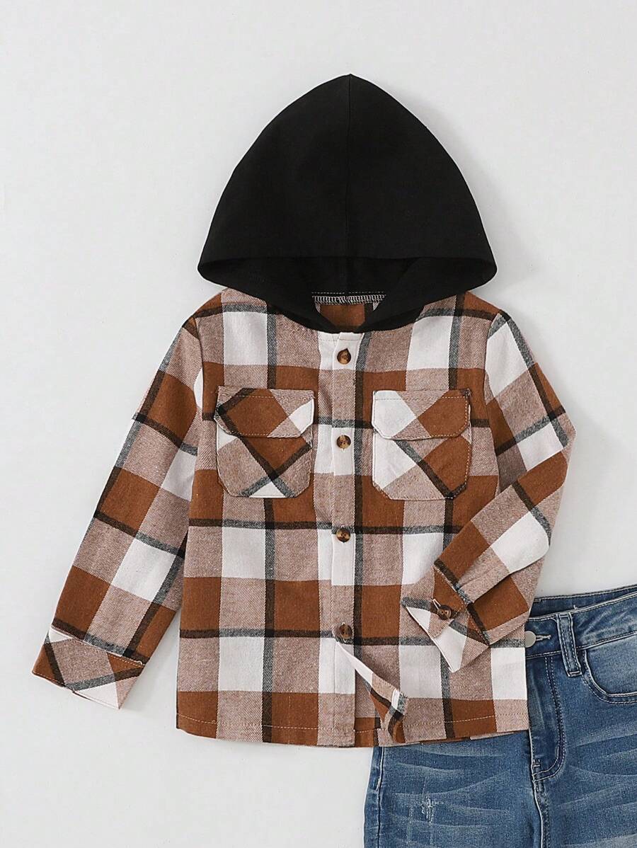 Veste à capuche décontractée pour jeune garçon en patchwork à carreaux