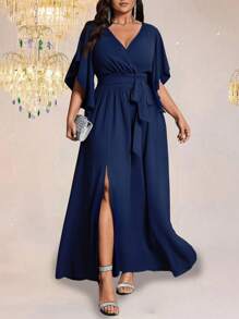 Auvina Plus Size Women's Solid Color Fitted V-Neck Flare Sleeve Tie Waist Ruched Slit Elegant Party Maxi Dress
