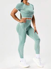 SHEIN Sports 2件套女士户外休闲短袖上衣和紧身裤运动套装健身套装 - 綠色 - 查看 4