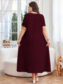 Lacomfia 女式 V 领短袖蕾丝拼布纹理提花面料优雅休闲大码连衣裙，夏季 - 紅色 - 查看 2