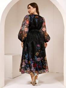 Veilorie Plus Size Women Elegant Floral Print Arabic Style Dress