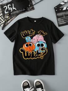 GUMBALL X SHEIN Áo thun tay ngắn in họa tiết hoạt hình thường ngày cho bé trai, phù hợp cho mùa hè - màu đen - Xem 1