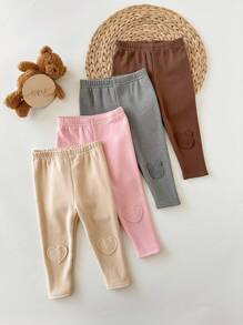 SHEIN 4件套女童可爱针织心形图案打底裤套装，秋冬百搭，适合居家、户外、学校、日常休闲