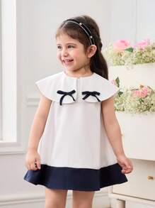 SHEIN Babygirl Elegant & Cute Color Block Bowknot Collar Loose Dress - White - View 6