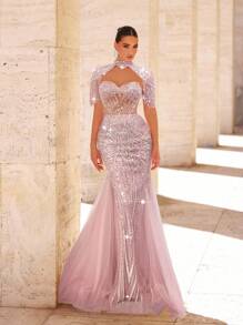 Glamrae Váy đuôi cá lưới đính cườm và sequin sang trọng thanh lịch với thiết kế tay tua rua, thích hợp cho đám cưới, tiệc tùng, vũ hội, tiệc tối (được trang trí nhiều chi tiết) - Bụi hồng - Xem 1