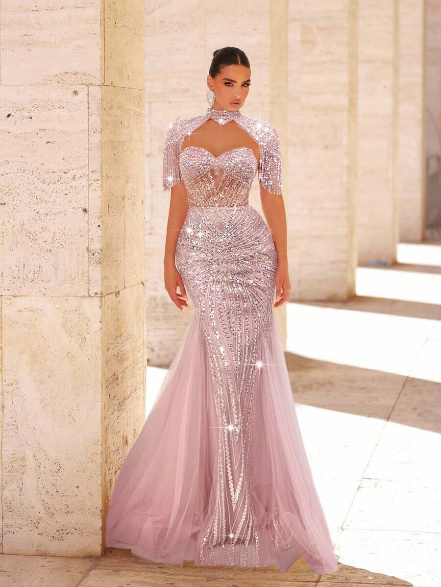 Glamrae Váy đuôi cá lưới đính cườm và sequin sang trọng thanh lịch với thiết kế tay tua rua, thích hợp cho đám cưới, tiệc tùng, vũ hội, tiệc tối (được trang trí nhiều chi tiết) - Bụi hồng - Xem 1