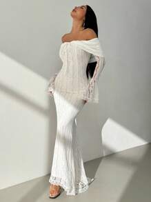 SHEIN PETITE فستان أنيق بأكمام طويلة من الدانتيل مع ربطة أمامية، بلون أحادي وأكتاف مكشوفة للنساء - الأسود - مشاهدة 4