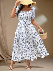 Roveilla Outfit elegante da donna con stampa floreale, polsini corti, orlo con spacco laterale, per taglie forti, adatto per l'estate e le vacanze