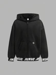 JNSQ Back To School Clothes, Tween Girl And Boy Outdoor Casual Hooded Sweatshirt Jacket, 3M Reflective Letter Print Elastic Hem Hooded Sweatshirt Outerwear, Suitable For Autumn, Winter Daily Wear, Outdoor Activities, Vacation, Streetwear, Party And Leisure - Black - View 6