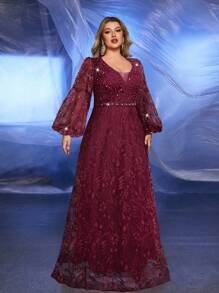 Glamrae 加大码花卉刺绣奢华水钻装饰灯笼袖优雅新娘妈妈礼服 - 酒紅色 - 查看 5