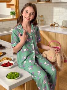 SHEIN 兔子印花泡泡皱女童睡衣套装，短袖衬衫和裤子 - 彩色 - 查看 3