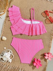 Conjunto de bikini a rayas amarillas para niñas preadolescentes, traje de baño de 2 piezas con parte superior con volantes, elegante y de moda, adecuado para nadar, vacaciones y verano - Rosa Fucsia - Ver 2