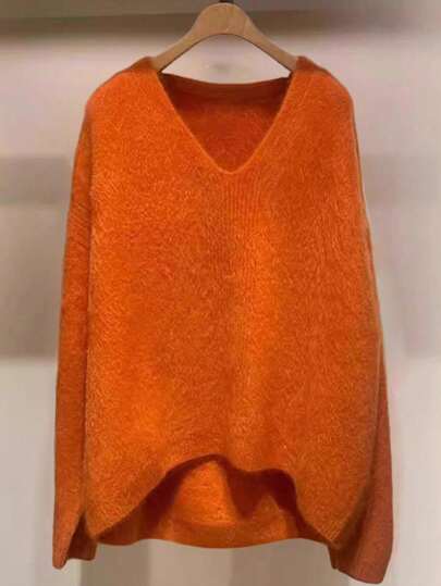 Linhara Halloween Plus Size Women Casual Everyday Commute Simple Solid V-Neck Dropped Shoulder Loose Pullover Sweater, Autumn Winter Fall