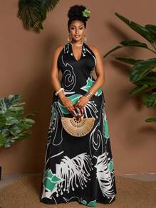 Maweii Plus Size V-Neck Sleeveless Printed Casual Commuting Holiday Dress, Summer - Multicolor - View 3