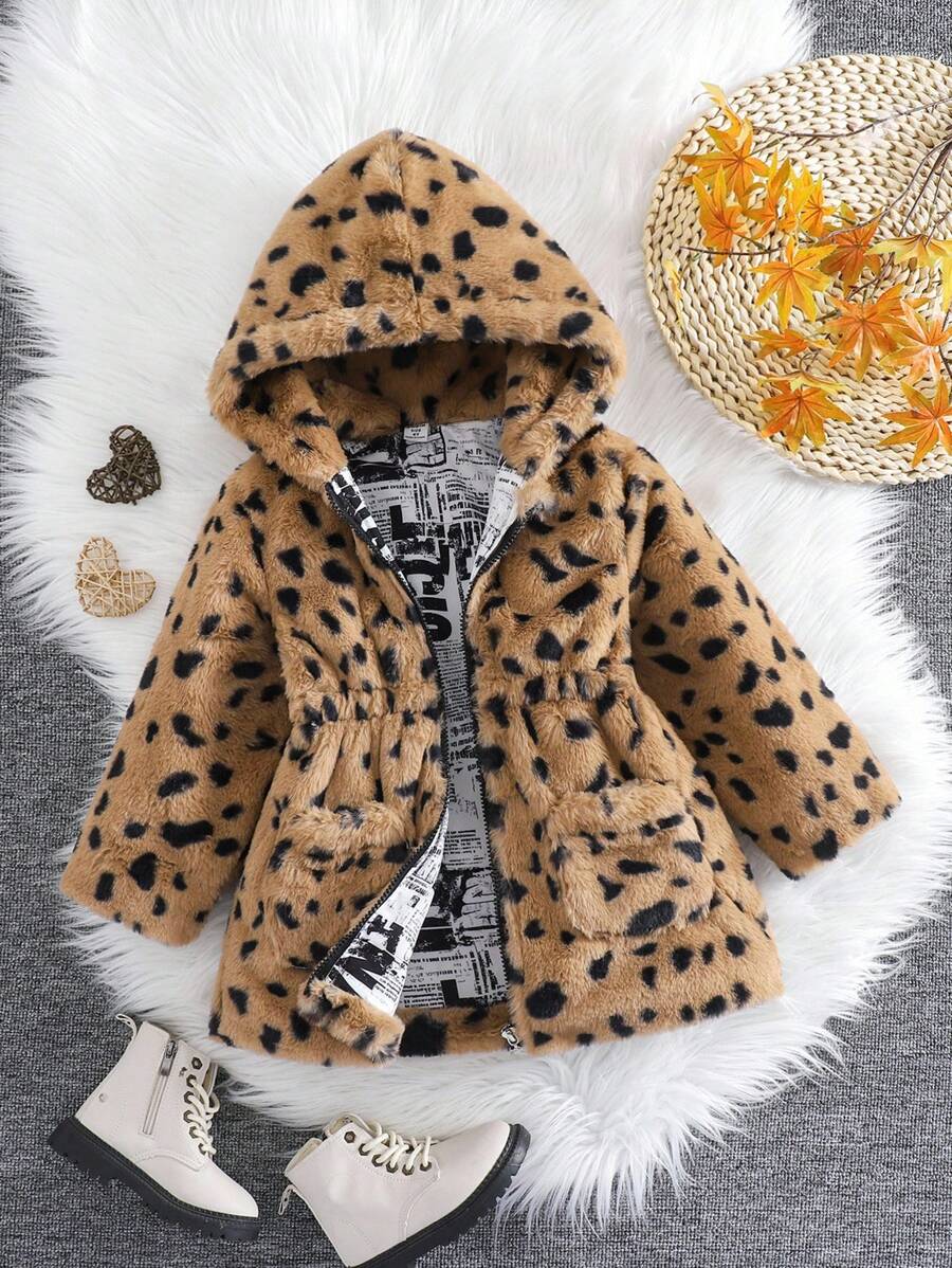 Girls Casual Chic Thick Leopard Print Faux Fur Zip-Up Hooded Jacket ...