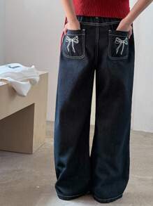 Dazy Kids Girls' Butterfly Print Denim Pants - Blue - View 1