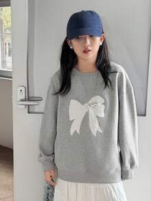 DAZY Tween Size Round Neck Knitted Fleece Sweatshirt With Bow Embroidery Fall,Winter - Grey - View 2