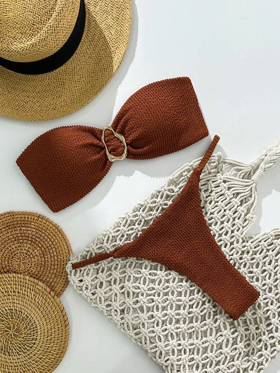 Swim Vcay Springbreak 女士沙滩装夏季套装,女士纯色提花面料露肩金属装饰性感比基尼套装 - 鏽棕色 - 查看 1