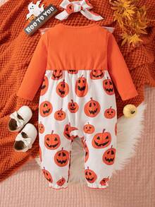 SHEIN 1件装女婴万圣节服装，罗纹面料荷叶边蝴蝶结南瓜印花连体衣，配发带，可爱连体衣，适合秋/春季穿着，万圣节南瓜宝宝套装，适合万圣节派对秋冬季