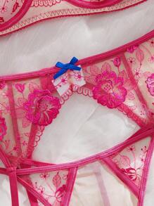 SHEIN 3pcs Sexy Embroidered Push-Up Bow Decor Women's Lingerie Set Floral Lingerie Set Custom Lingerie Set Bow Lingerie Set Birthday Lingerie Kawaii Lingerie, Going Out - Hot Pink - View 5