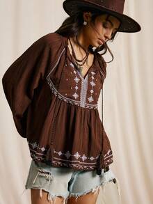 Easelle Áo cánh tay đèn lồng thêu họa tiết phong cách nghỉ dưỡng giản dị cho nữ, mùa xuân/thu - màu nâu - Xem 4