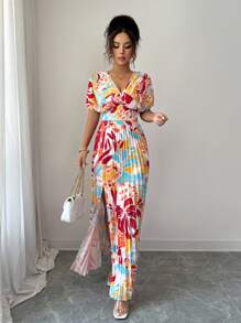 Rafferiza Pleated Slit Floral Print V-Neck Casual Vacation Bohemian Style Dress For Women Summer Dress
