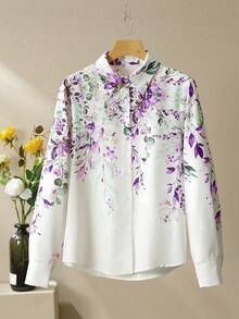 Lacomfia 女士衬衫领长袖印花阔腿长袖休闲宽松套装 - 彩色 - 查看 4