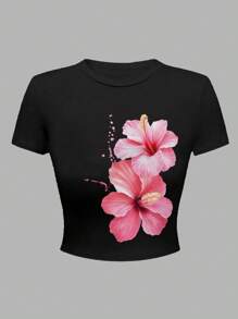 青少年女孩休闲花卉短款修身圆领T恤，夏季舒适穿着 - 黑色 - 查看 4
