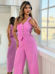 Vionelle Plus Size Women's Elegant Romantic Pink V-Neck Vest Top And Pants Set, Spring/Summer Graduation,Back To School,Teacher Outfits For Women Winter Fall Autumn