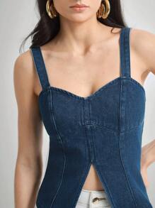 Daynim 女士休闲开衩肩带牛仔吊带背心 - 中等水洗藍 - 查看 1