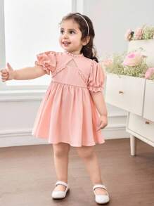 Robe ajustée à manches bouffantes de couleur unie pour bébé fille - Rose bonbon - Voir 4