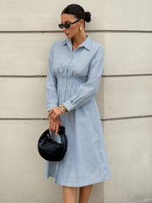 Siren Gaze 女士秋季连衣裙 返校教师装 女士商务休闲飘逸纽扣连衣裙 女士条纹长袖单排扣休闲百褶衬衫裙 - 藍色 - 查看 5