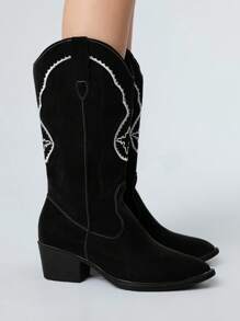 ROMWE 女式哥特摇滚朋克刺绣 V 型西部风格粗跟高筒靴、中筒靴、万圣节 - 黑色 - 查看 4