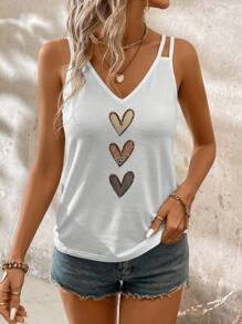 SHEIN LUNE Camiseta sin mangas casual de mujer con cuello en V y holgada, con tirantes ajustables, estampado de corazón, adecuada para el verano