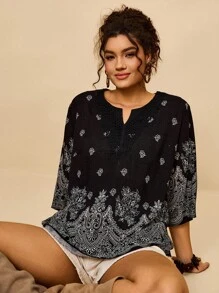 Travachic 大码女式休闲V领花卉印花短袖套头衫，适合夏季和秋季 - 黑色 - 查看 3