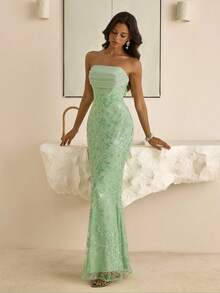 Vowa Vestido con tirantes finos, con bordado de cuentas, de malla brillante y negro, con espalda abierta y lazo, con sutil bajo de cola de sirena, adecuado para discoteca, fiesta, playa, vacaciones y cóctel