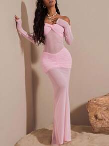 Opulessa 女式纯色针织网眼露肩长袖连衣裙 - 粉色 - 查看 4