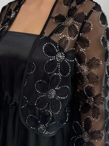 Elenzga Plus Size Summer Elegant Solid Color Camisole Dress And Rhinestone Mesh Jacket 2 Pieces Set Fall Cloth For Women - Black - View 3