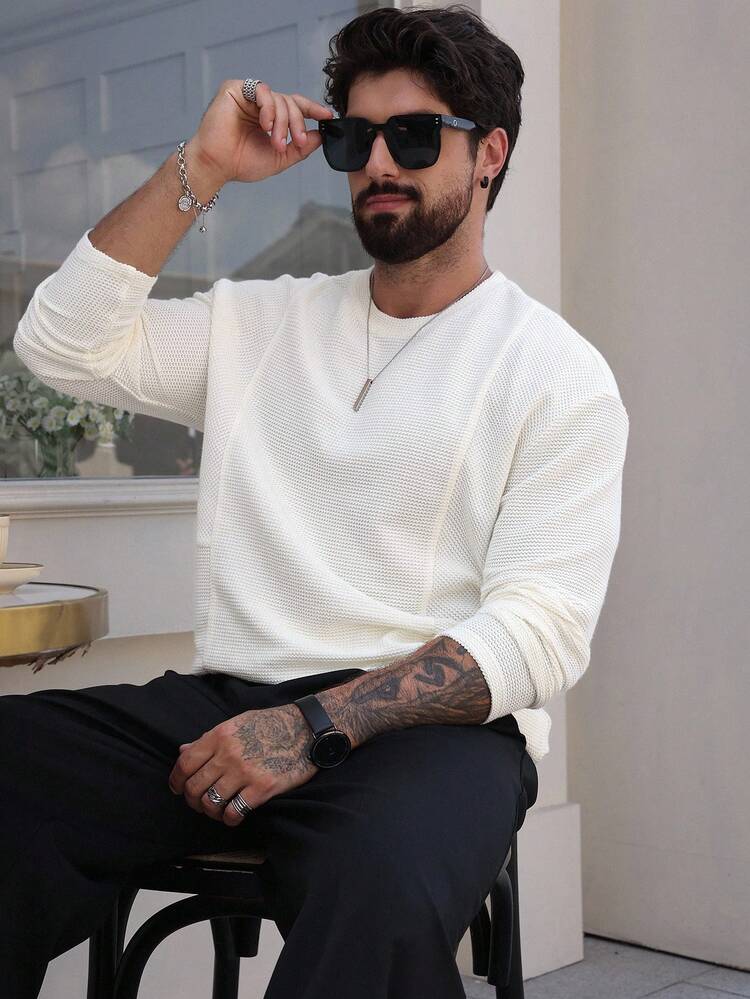 Men's Solid White Textured Fabric T-Shirt, Autumn