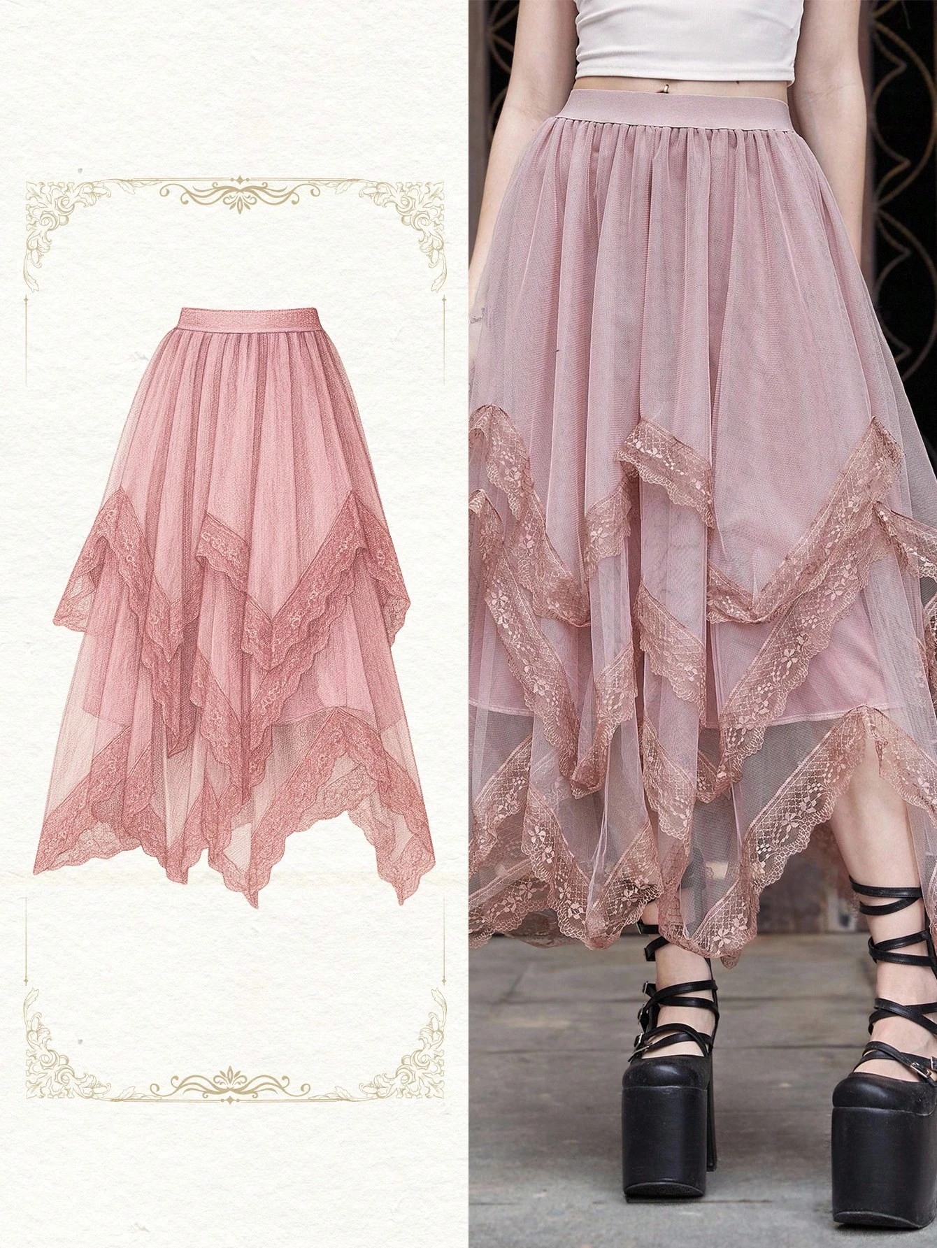 Our Goth Contrast Lace Asymmetrical Hem Mesh Skirt is such a