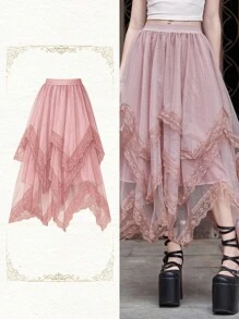 ROMWE Goth Contrast Lace Asymmetrical Hem Mesh Skirt - Dusty Pink - View 7