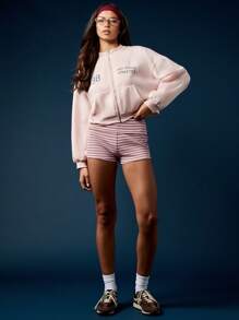 MISSGUIDED 运动拉链运动衫经典学院风设计复古休闲运动号码保暖宽松飞行员夹克短款套头衫秋冬分层必备 - 粉色 - 查看 5