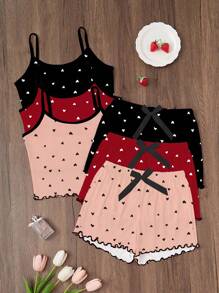 SHEIN Bộ đồ ngủ 3 món in hình trái tim gồm áo hai dây và quần short - Nhiều màu - Xem 3