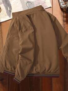 Manfinity Homme Men's Solid Color Long Sleeve Stand Collar Zip Front Casual Jacket Men Zip Up Jacket Brown Jacket Men Mens Mocha Bomber Jacket Mens Casual Jacket Mens Bomber Jacket Mens Brown Bomber Jacket Mens Fall Jacket Mens Light Brown Jacket, Men's Brown Jacket, Tan Jacket Men, Mens Bomber Jackets - Khaki - View 2