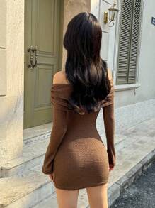 SHEIN Unity Women's Chic Autumn Night Out Mini Dress,All Shades Of Brown Textured Off Shoulder Long Sleeve Flare Sleeve Ruched Front Fitted Spring/Summer Dress - Coffee Brown - View 3