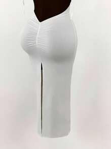 Amplova Plus Size Women Generous Open Shoulder Bowknot Backless Ruched High Slit Bodycon Maxi Dress