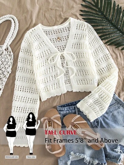 SHEIN Tall CURVE 大码女士度假休闲纯色镂空针织短款开衫、长袖上衣